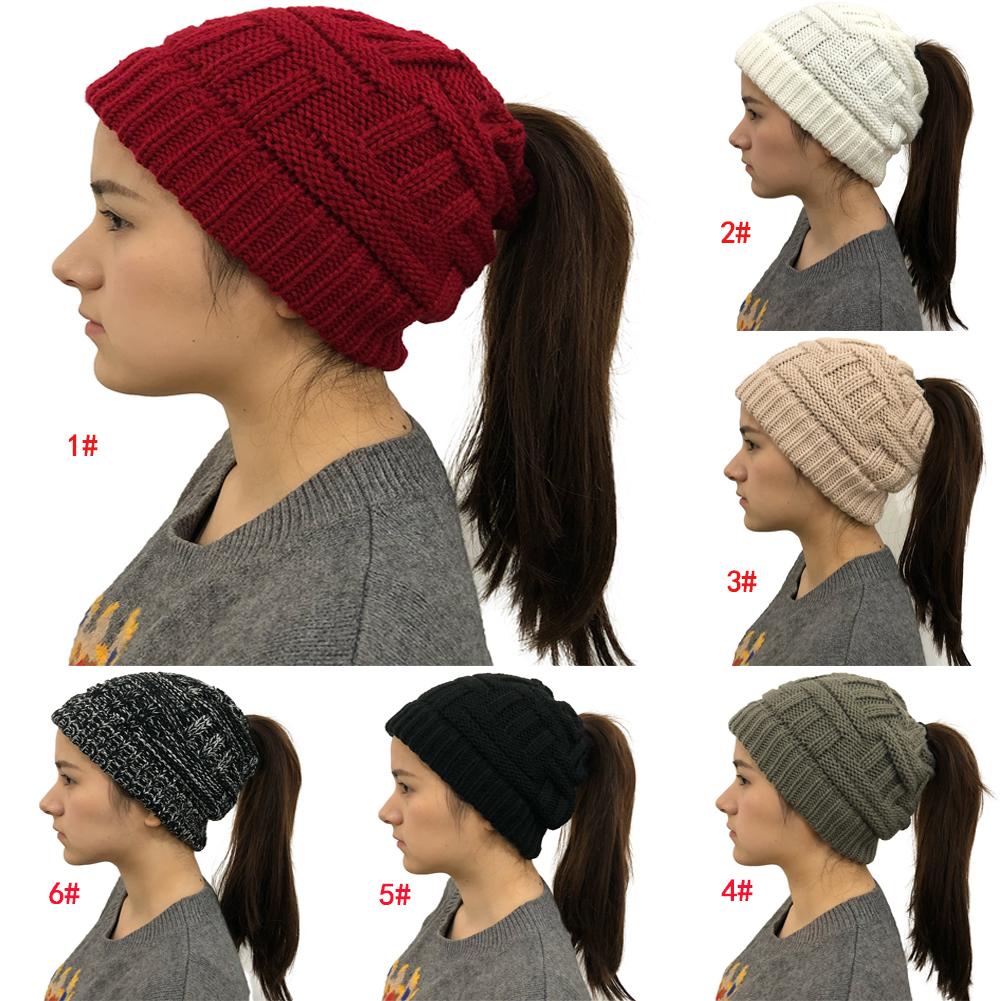 Women Autumn Winter Warm Kitting Hat for Ponytail Girls