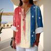Women's Fashion Casual Button V-Neck Cotton And Linen Independence Day Printed Seven Sleeve T-Shirt Top