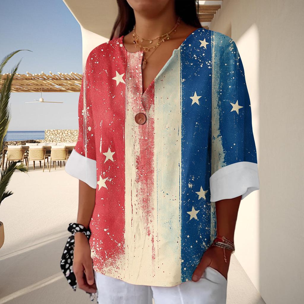 Women's Fashion Casual Button V-Neck Cotton And Linen Independence Day Printed Seven Sleeve T-Shirt Top