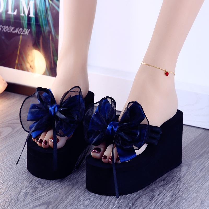 Fashion Women's 8CM Slope Heel Slippers Thick Bottom Increased Bow Casual Non slip Slippers Summer High Heels Pinch Foot Beach Slippers