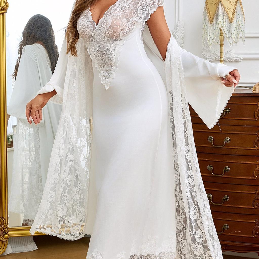 Reiner Verlangen Stil Langes Nachthemd Damen Sexy V-Ausschnitt Spitze Kurzarm Geschlitzt Pyjama Loungewear