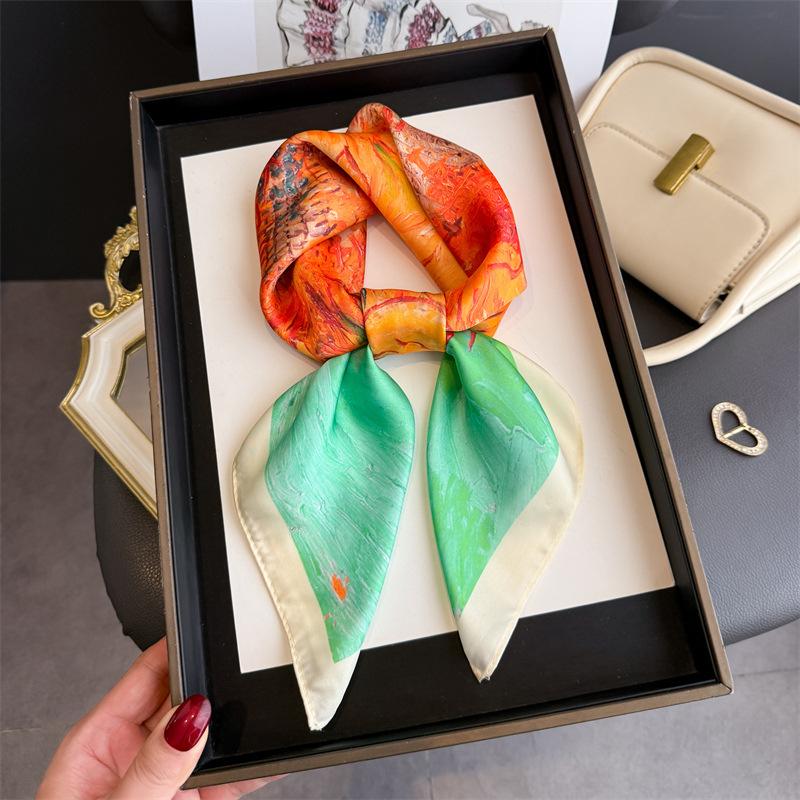 Oil Painting Printed Sunflower Square Scarf Luxury Ladies Neckerchief Soft Satin Shawl Women'S Decorative Bandana