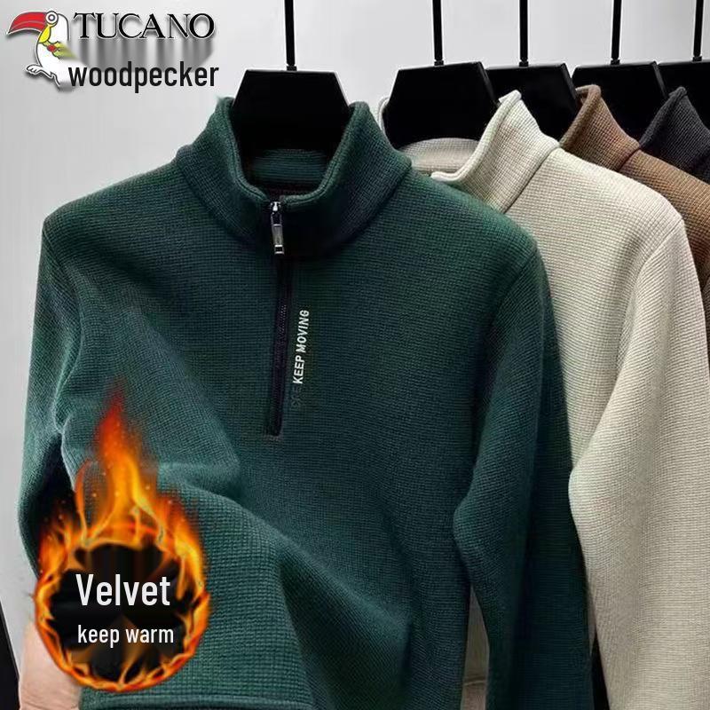 Men's Fleece-Lined Woodpecker Half-Zip Sweatshirt - Winter Casual Long-Sleeve Base Layer