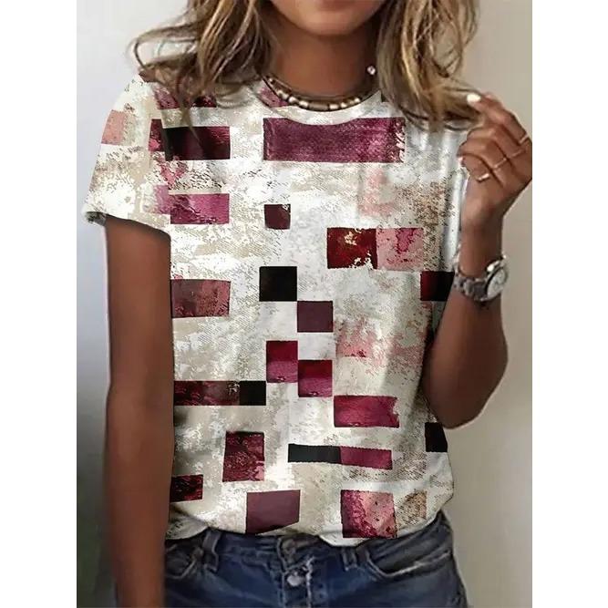 Summer Round Neck Geometric Pattern Color Block 3D Print Top Fashionable Casual Short Sleeved Women's T-shirts