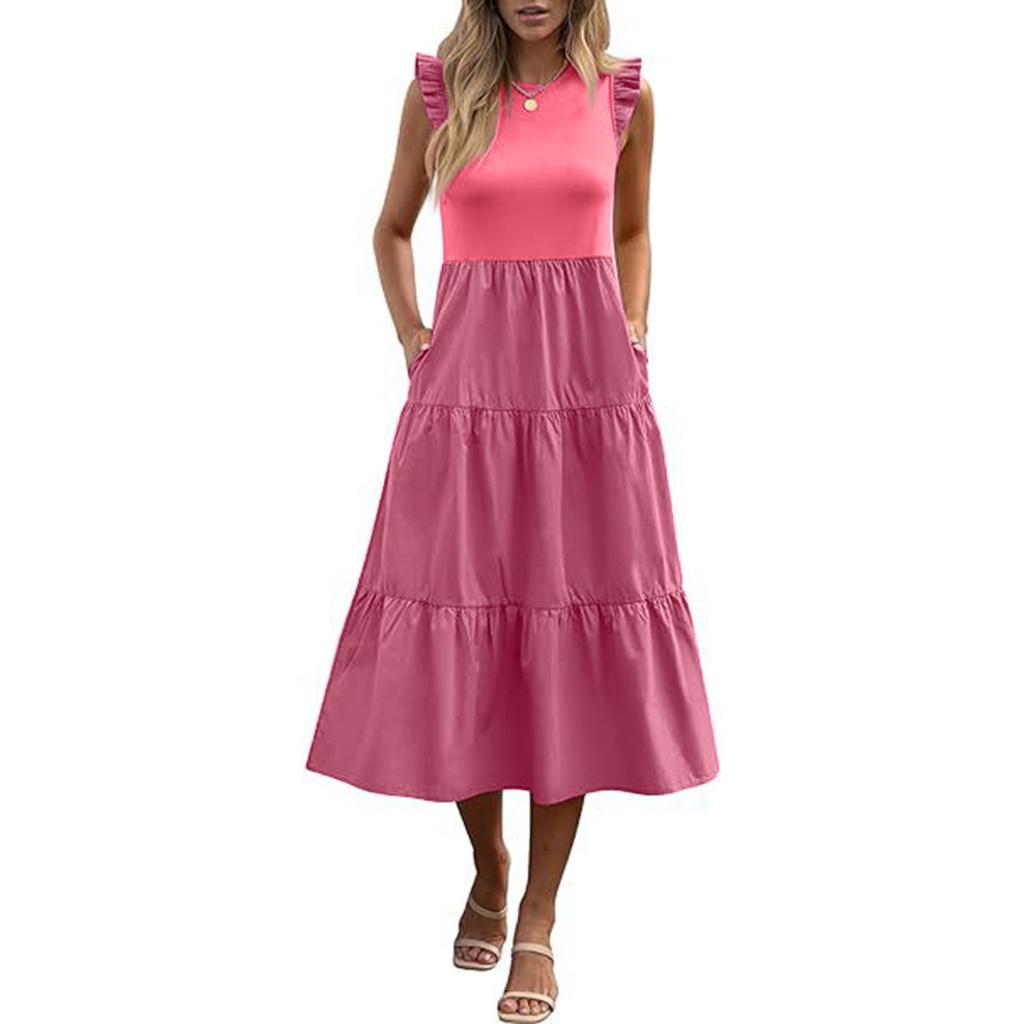 Women's Bohemian Round Neck Ruffle Sleeve Color Summer Casual Dresses