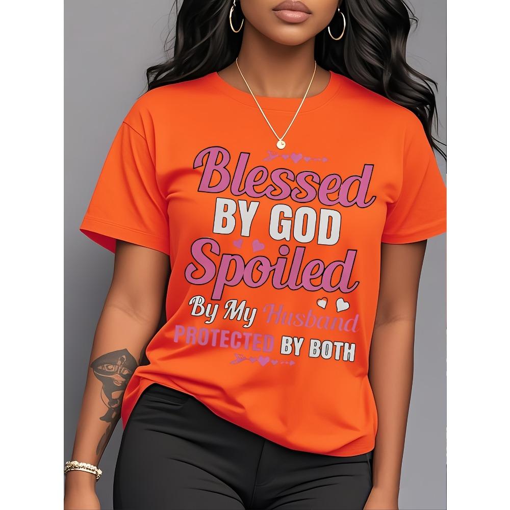 Women Cotton Short Sleeves T-shirts Blessed By God Spoiled By Husband Women's Tee Pink Letter White Top