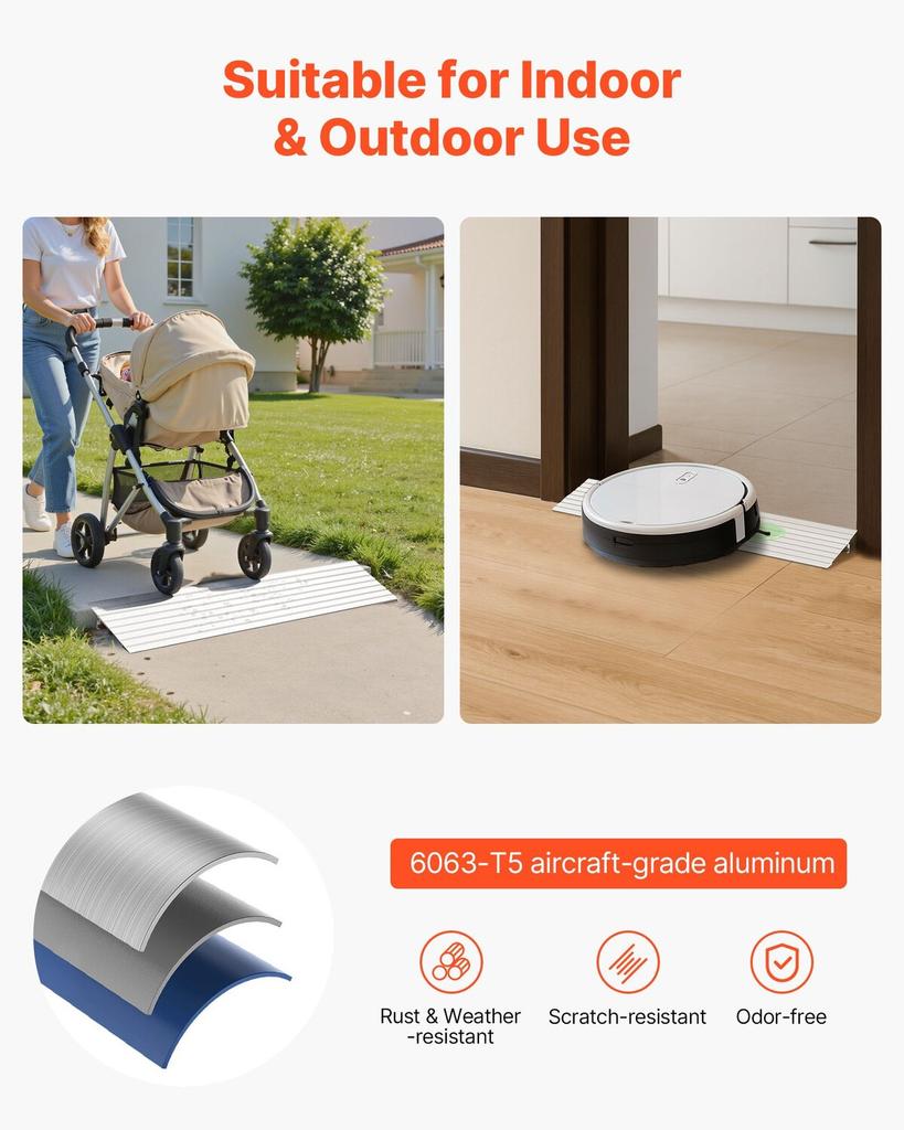 Door Threshold Ramp, 26 Mm Rise, Aluminum Alloy Threshold Ramp Rated 363 Kg Load Capacity, Handicap Ramps for Home Steps for Wheelchair, Scooters,