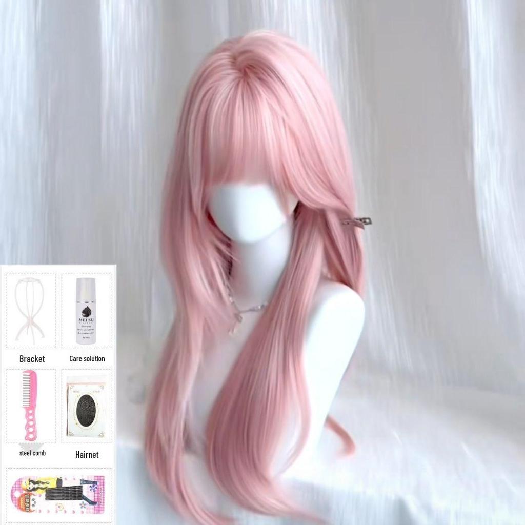 Parrucca Cosplay Lolita Lunga Dritta Rosa Connie con Frangia per Donna