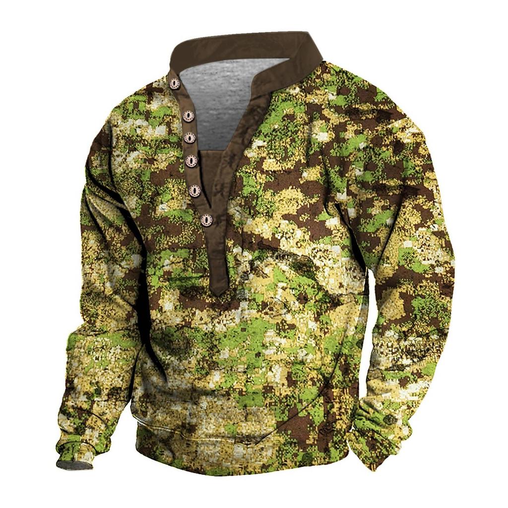 Pullover mit V-Ausschnitt für Herren, 3D-Digitaldruck, Stehkragen, 6 Knöpfe, Vintage-Kragen