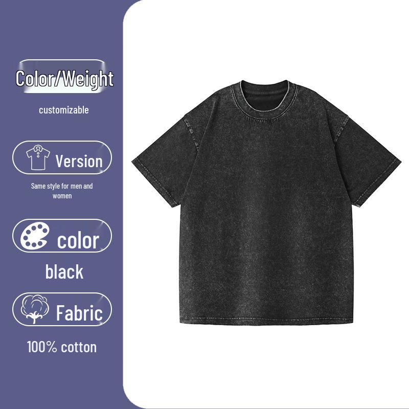 T-shirt Lavata Retrò Fiocco di Neve 230g, Stile Europeo e Americano, Puro Cotone, Vestibilità Larga Girocollo Pullover, T-shirt Uomo Pesante.
