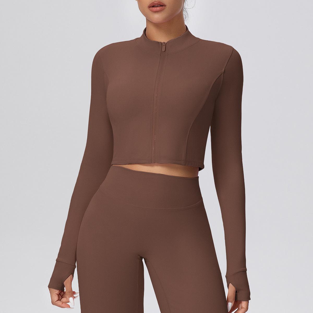 Solid color polished zipper short long-sleeved jacket yoga clothes sports running fitness yoga top women S