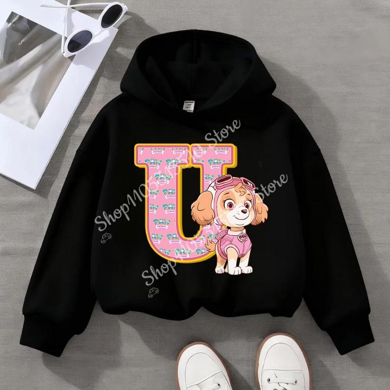 Child Black Long- Sleeve Hoodie Girls Skye Polyester Top Cartoon Letter A-Z Printed Pullover Children Birthday Gifts