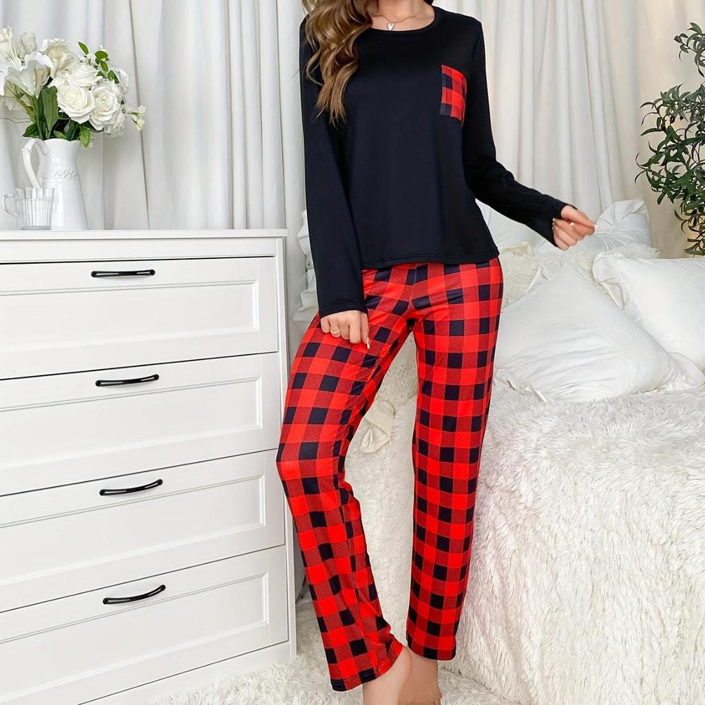 Plaid Pocket Long-Sleeve Pajama Set: Women's European and American Style