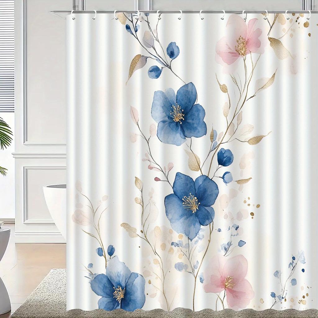1pc blue floral pattern shower curtain, polyester fabric, machine washable, suitable for bathroom decoration