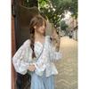 Small fresh floral long-sleeved shirt Small loose and thin round neck sweet girly versatile chiffon shirt