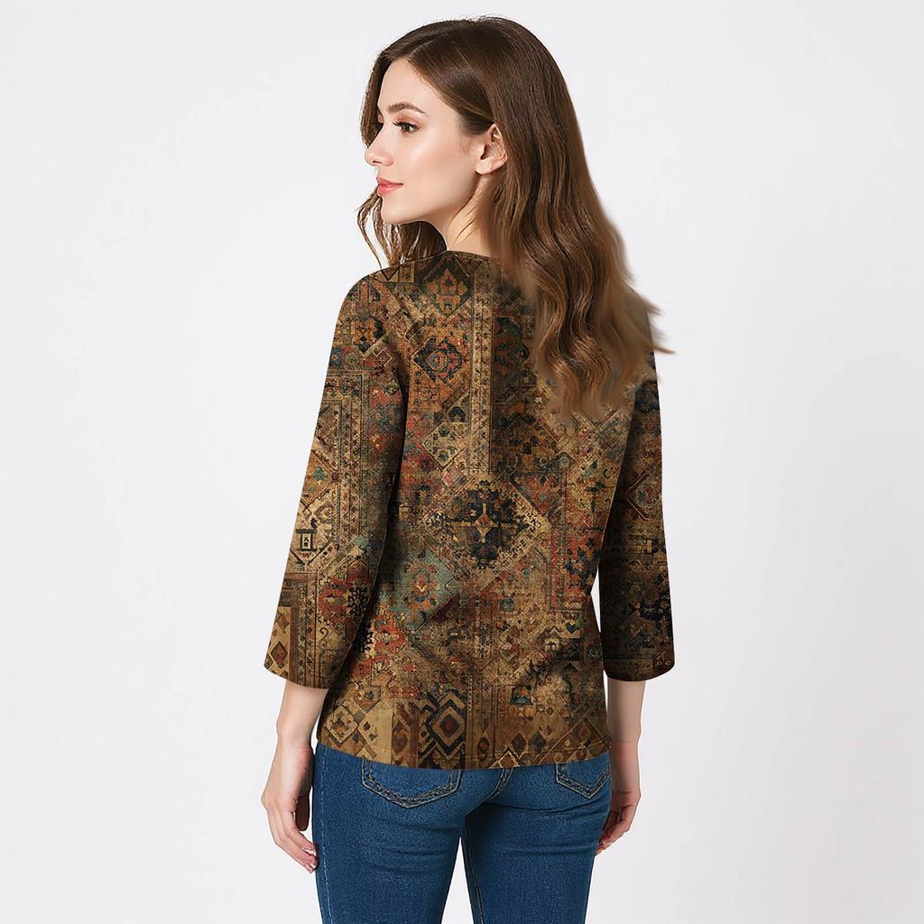 Women's 3/4 Sleeve Shirts V Neck Print Tops Casual Tops Basic Tees Blouse Loose Tops