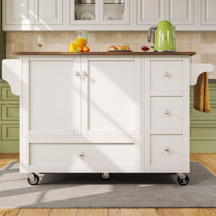 Cărucior de bucătărie - MUVOE - Mobil cu blat de lucru - 3 sertare - 2 uși - Alb