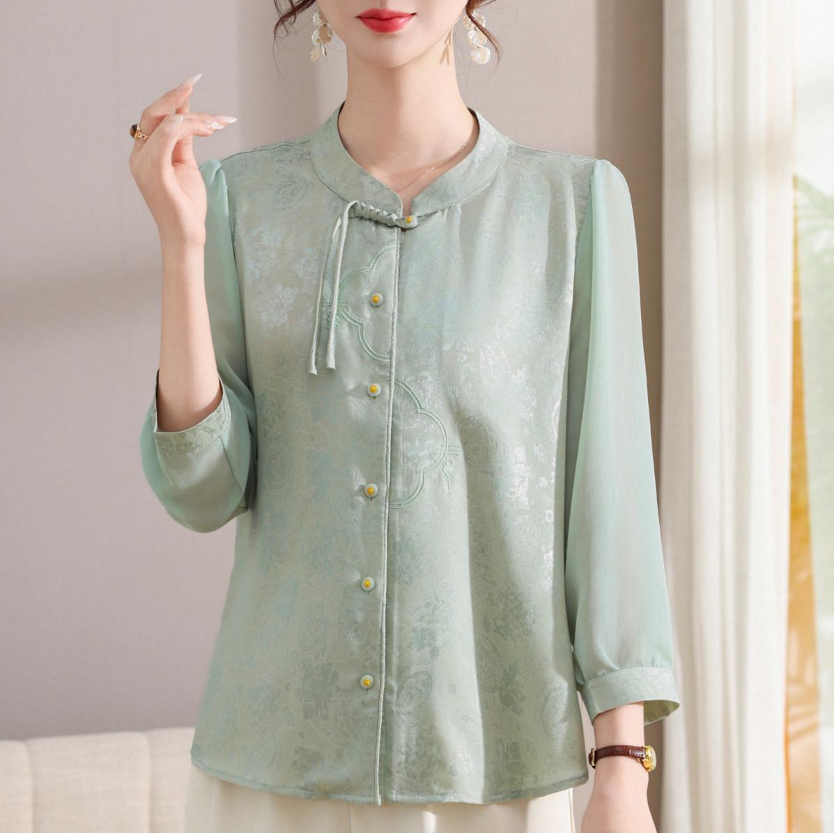 

2026 New Spring Seven-Sleeve Top for Middle-Aged Women - Round Neck Shirt XL (90-105 kg) зелений