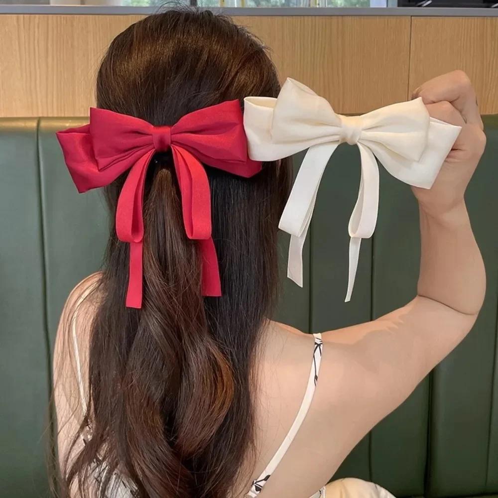 Elegant Bow Ribbon Hair Clip Fashion Simple Solid Satin Spring Clip Hair Pin Retro Headband with Clips Girls Hair Accessories
