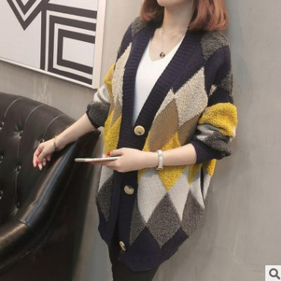 Cardigan in Maglia con Scollo a V a Blocchi di Colore e Motivo a Diamanti 2023 - Stile Coreano, Dimagrante, Vestibilità Larga per Primavera/Autunno.