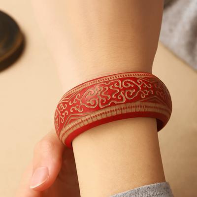 National Retro Carving Wooden Bangle Colorful Round Chinese Style Bracelet Handmade Wide Ethnic Style Bangle Hand Decoration