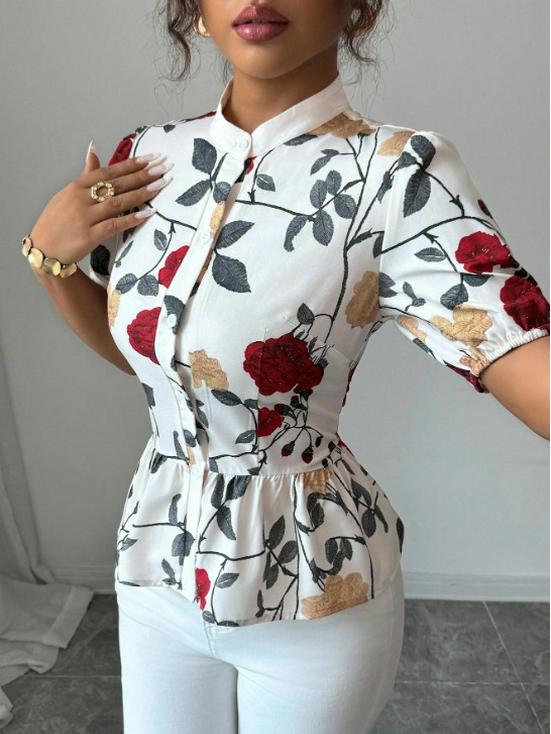 Women's Bohemian Chic Floral Stand-Collar Short-Sleeve Shirt