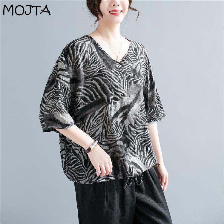 

MOJTA Летняя рубашка в стиле ретро с леопардовым принтом, свободная универсальная футболка больших размеров