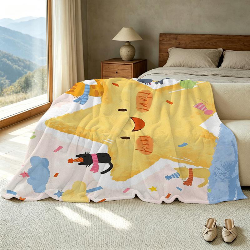 Cartoon Cat & Star Print Flannel Fleece Blanket Ultra Soft, Skin-Friendly Warm Cozy Throw for Home, Couch, Napping, Christmas & Halloween