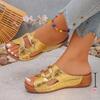 Fashion Gold Patent Leather Wedge Slippers Women 2025 Summer Metal Decor Platform Sandals Woman Comfort Anti Slip Beach Slides Plus Size