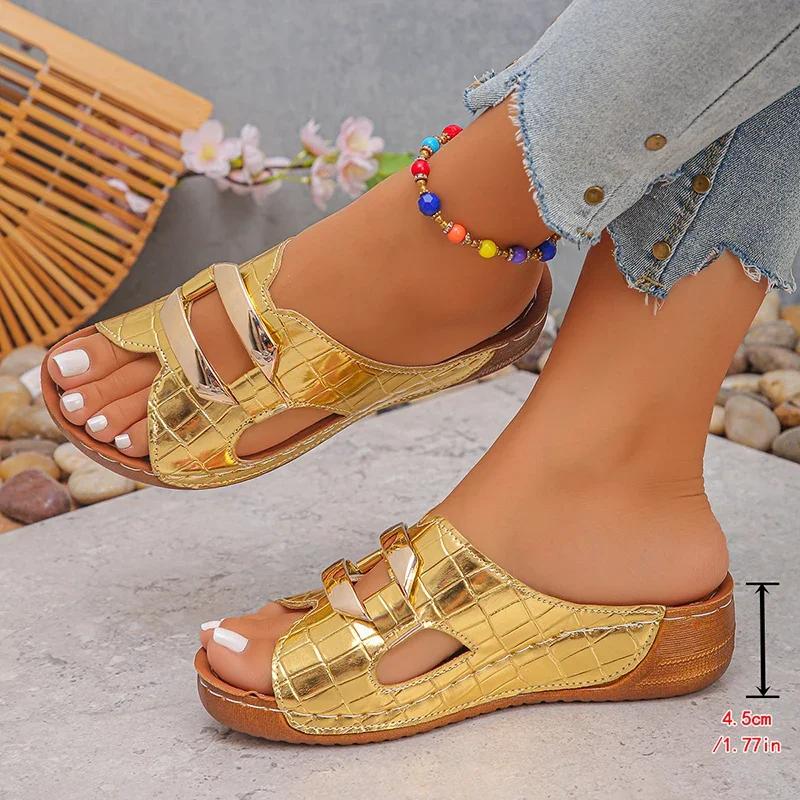 Fashion Gold Patent Leather Wedge Slippers Women 2025 Summer Metal Decor Platform Sandals Woman Comfort Anti Slip Beach Slides Plus Size