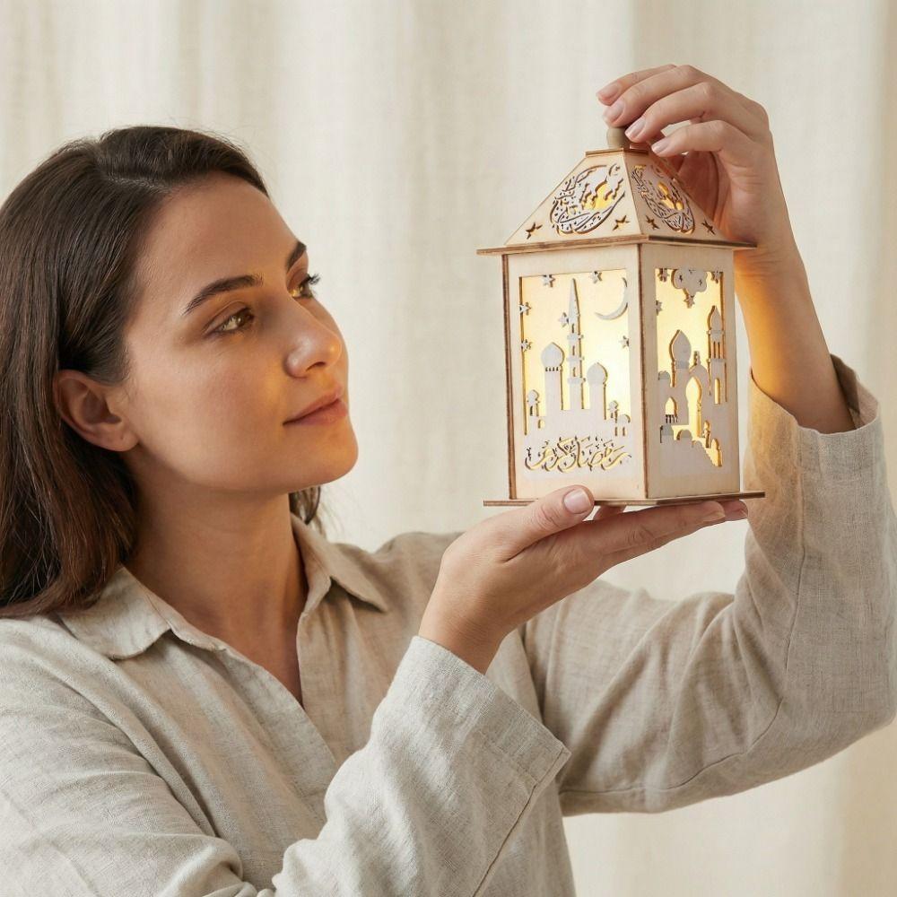 Wooden Ramadan LED Lantern Hollow Moon LED Lamp Portable Moroccan Wind Lantern  Ramadan Celebration
