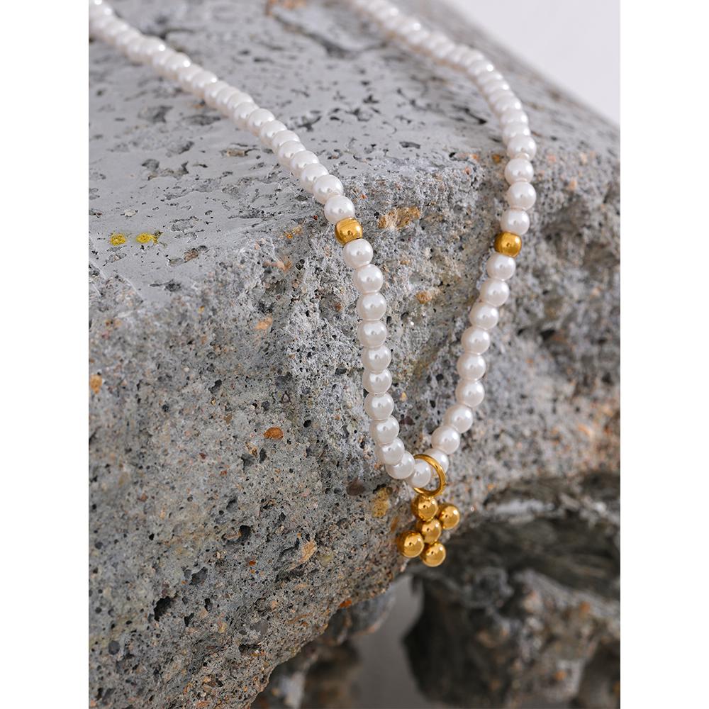 Yhpup Elegant Imitation Pearl Bead Handmade Chain Stainless Steel Chic Golden Pendant Fashion Necklace Collar Jewelry Women Gift