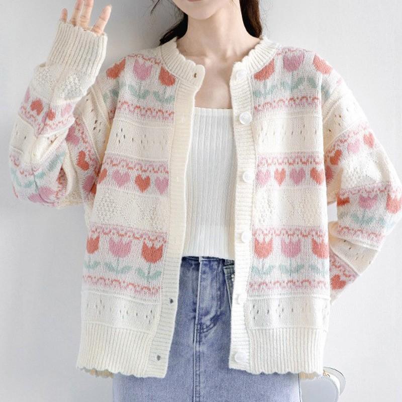 Autumn and Winter Sweater Jacket Female Sweet Fresh Soft Waxy Lace Collar Contrasting Color Small Flower Hollow Long-sleeved Knitted Cardigan