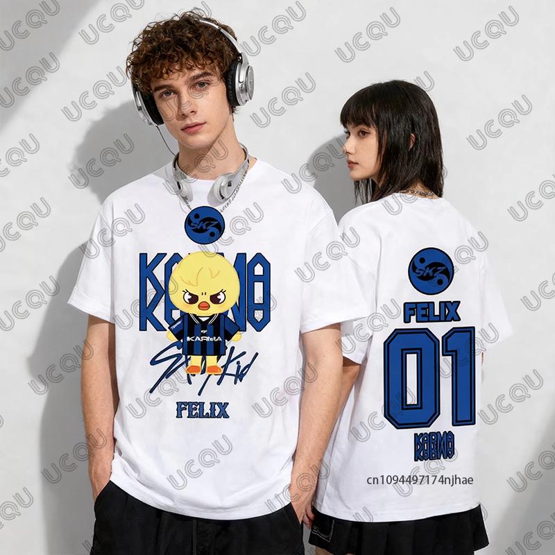 2026 Hot Sale Summer Kpop KARMA HYUNJIN Cartoon Print Cotton Couple Tshirt For Women Men Short Sleeve Tees Casual Kids/Adult Top