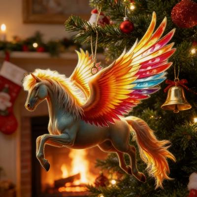Horse Ornament Acrylic 2D Flat Realistic Flying Horse Christmas Tree Pendant with Sparkling Rhinestone Home Decor