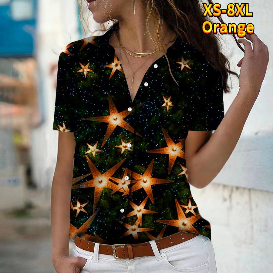 

2025 Лето Новая Мода Женская Рубашка с Коротким Рукавом и V-образным Вырезом Повседневная на Пуговицах Топ с Принтом Звезд 8XL оранжевый