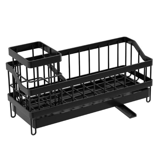 

Sink Organizer with Towel Rail Double Compartment Storage Rack Removable Drain Tray Rust-Proof Iron Kitchen Caddy for Sponges Brushes Dishcloths B