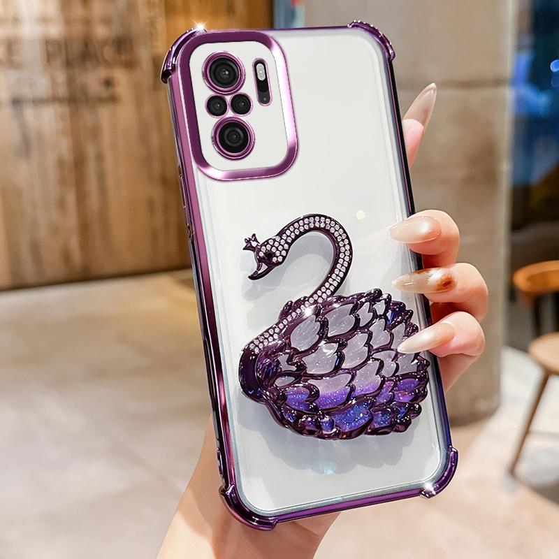 KEYSION Shockproof Plating TPU Phone Case for Redmi Note 10 10S 10 Pro 4G Glitter Jewelled Swan kickstand Back Cover for Xiaomi POCO M5S