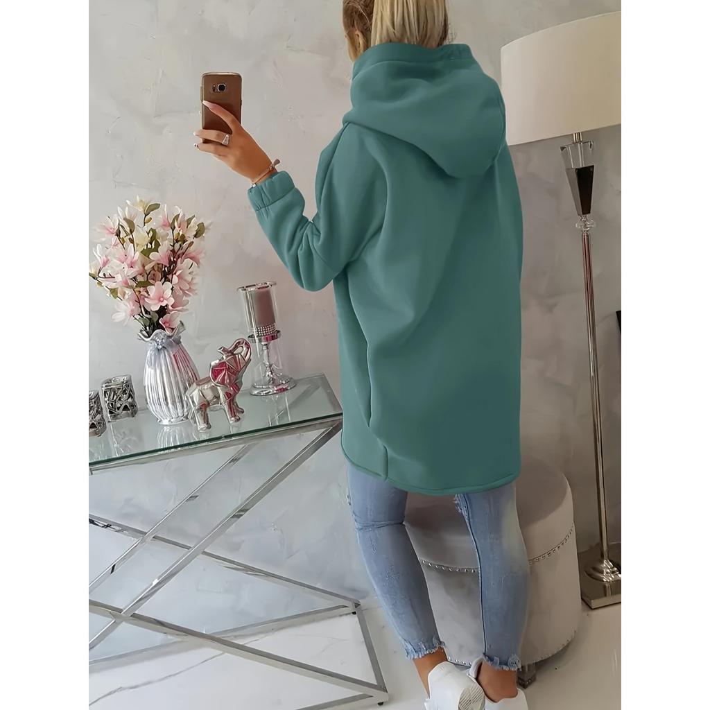 Women's Long Sleeved Casual Black Hooded Jacket Sweatshirt with Front Pocket Zipper Hoodie