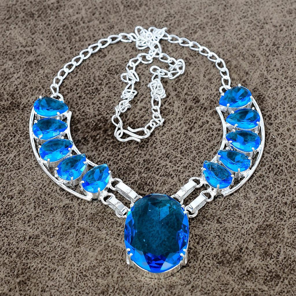 Blue Topaz Gemstone Handmade 925 Sterling Silver Jewelry Necklace 18" KKG-428