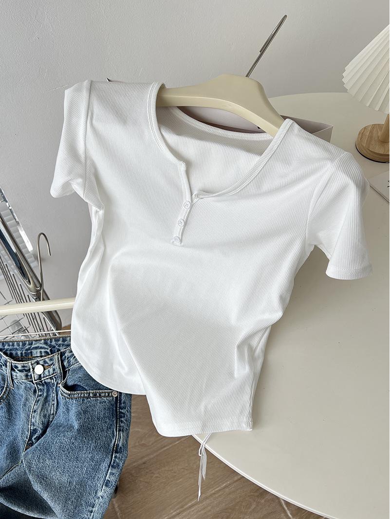 

Женская приталенная футболка с V-образным вырезом и коротким рукавом из ребристого хлопка - Универсальный летний топ Large белый