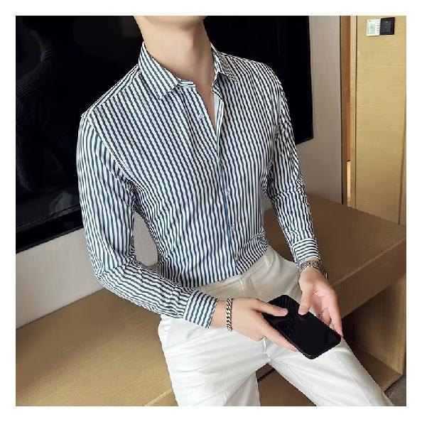 Spring And Summer Striped Long-Sleeved Shirt Men'S Black And White Plaid Shirt Men'S Slim Pepsi Trend Casual Inch