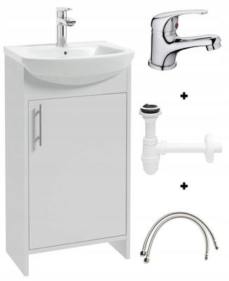 Zestaw białej szafki z umywalką, chromowanym kranem i syfonem 45 cm Frigo