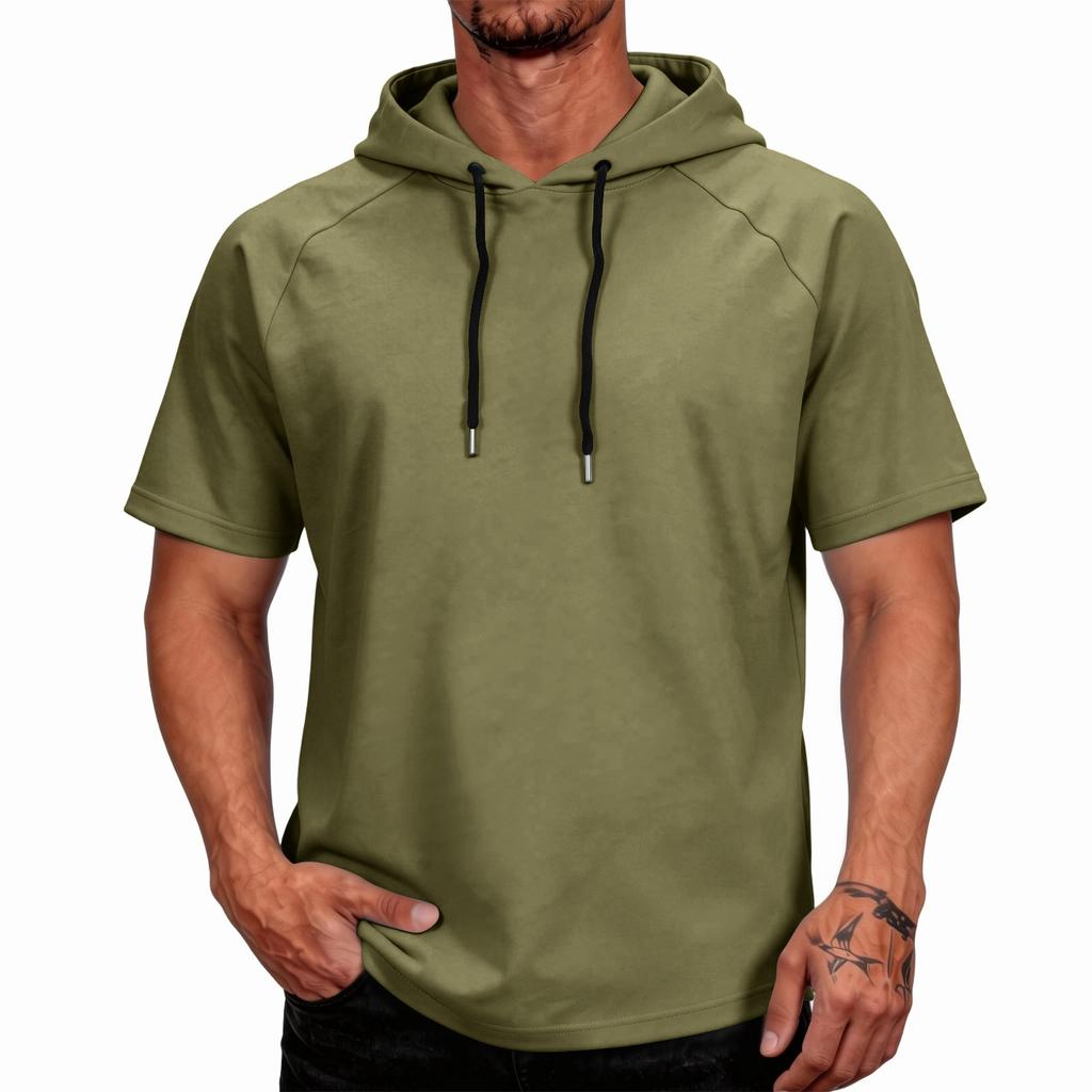 Sudadera con capucha de manga raglán de manga corta para hombre, jersey casual, tejido ligero y transpirable, con capucha y cordón, top para deportes al aire libre