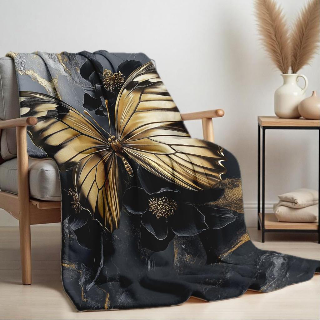 Printed Bed Blanket Black Gold Butterfly Throws Soft Flannel Blanket Butterfly Love Gifts Butterflies Decor For Couch Bed