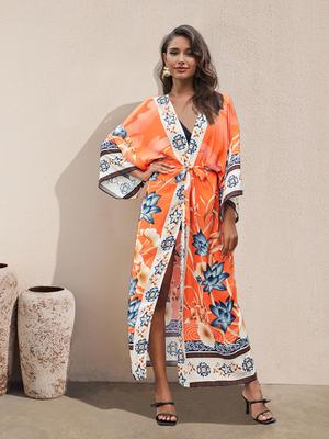 2024 Bikini Cover-ups Pembe Boho Baskılı Kendinden Kuşaklı Ön Açık Uzun Kimono Elbise Plaj Tunik Kadın Mayo Cover Up