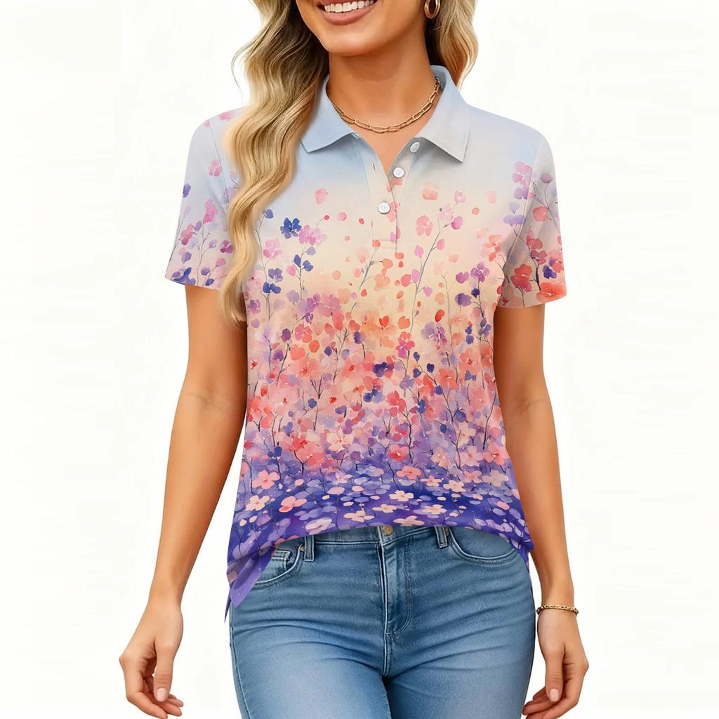Women's Casual Button Front Short Sleeve Floral Print Polo Shirt with Split Side Hem Lightweight Breathable Top for Everyday Wear