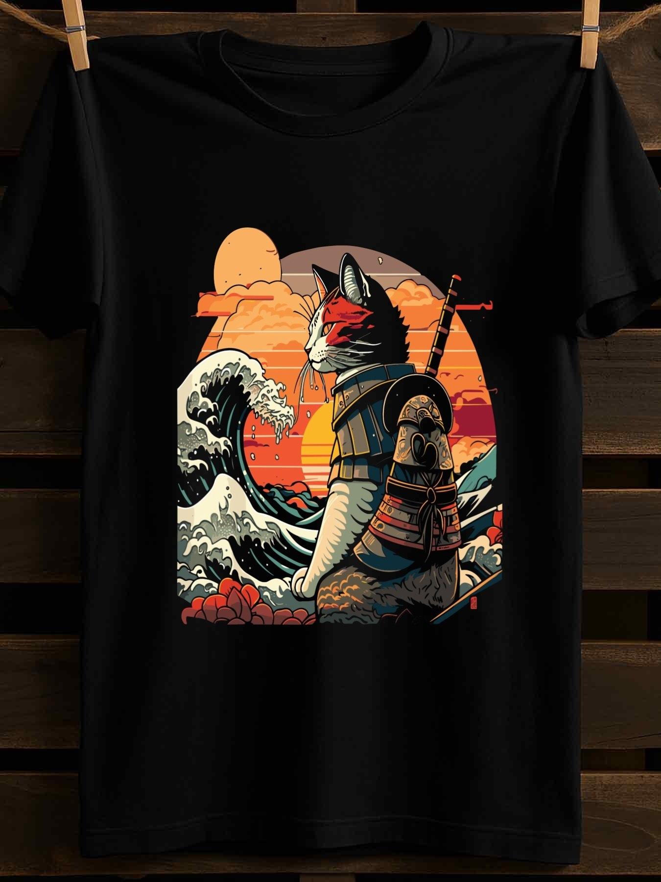 Top Pick Local 1pc MenS Japanese Samurai Cat Wave TShirt S