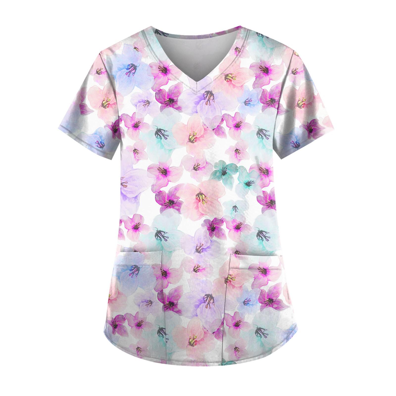 Women s Printed Short Sleeve V-neck Tops Working Pocket Blouse XXL