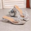 Fashion New Women's High Heels Summer Square Toe Open Toe Rhinestone Bow Clear Crystal Square Heel Non-Slip Slip Slippers